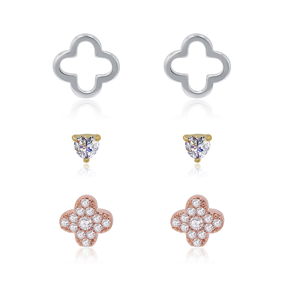 Simple Floral CZ Stud Earrings Set Of 3